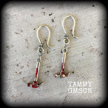 Load image into Gallery viewer, Hammer earrings Halloween earrings Tool earrings Murder weapon earrings 3mm tunnel dangles 8 gauge plug earrings 0 gauge ear hangers Gauges
