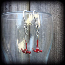Load image into Gallery viewer, Hammer earrings Halloween earrings Tool earrings Murder weapon earrings 3mm tunnel dangles 8 gauge plug earrings 0 gauge ear hangers Gauges