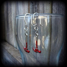 Load image into Gallery viewer, Hammer earrings Halloween earrings Tool earrings Murder weapon earrings 3mm tunnel dangles 8 gauge plug earrings 0 gauge ear hangers Gauges