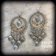 Load image into Gallery viewer, Goddess earrings Leaf earrings Boho earrings Statement earrings Artemis earrings Dangle earrings Pierced ears Gauged earrings Hanging gauges