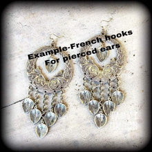Load image into Gallery viewer, Goddess earrings Leaf earrings Boho earrings Statement earrings Artemis earrings Dangle earrings Pierced ears Gauged earrings Hanging gauges