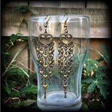 Load image into Gallery viewer, Voodoo Earrings Heart earrings Chandeleir earrings Erzulie jewelry Day of the dead Tunnel dangles Dangle earrings Gauged earrings Santeria