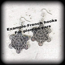 Load image into Gallery viewer, Metatrons cube earrings, Sacred Geometry, Geometric earrings, Hexagon earrings, Chakra jewelry, Platonic solids, Large earrings, Heavy 0g