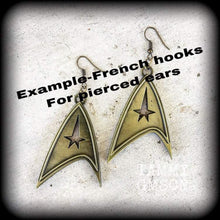 Load image into Gallery viewer, 2 gauge ear weights Bronze tunnel dangles Star Trek ear hangers Tunnel earrings Hanging gauges Plug dangles Earrings for stretched lobes
