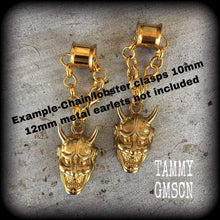 Load image into Gallery viewer, 6 gauge weights, 4 gauge ear hangers, Hannya Mask ear weights, 4mm tunnel dangles, 5mm plug dangles, Plug earrings, For stretched ears