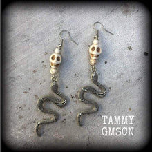 Load image into Gallery viewer, Damballah earrings Snake Serpent Stone Skull Voodoo Gauged earrings Loa earrings Dangle earrings Tunnel earrings Plugs Pierced ears 2g 4g 6g