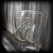 Load image into Gallery viewer, Inverted pentagram earrings Crescent moon earrings Goddess earrings Moon earrings Witchy earrings Plug earrings Tunnel earrings Pagan Nature