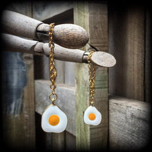 Load image into Gallery viewer, Egg earrings Food earrings Kawaii earrings Egg jewelry 6mm tunnel earrings 2 gauge tunnel dangles Plug earrings Pierced ears Gauged earrings