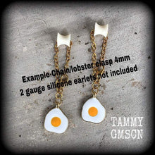 Load image into Gallery viewer, Egg earrings Food earrings Kawaii earrings Egg jewelry 6mm tunnel earrings 2 gauge tunnel dangles Plug earrings Pierced ears Gauged earrings