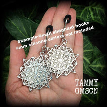 Load image into Gallery viewer, Metatrons cube earrings, Sacred Geometry, Geometric earrings, Hexagon earrings, Fractal jewelry, Platonic solids, Large earrings, Heavy 0g