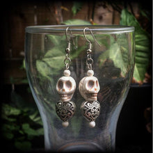 Load image into Gallery viewer, Skull earrings Voodoo earrings Loa jewelry Erzulie earrings Skull jewelry Los Muertos jewelry Heart earrings Tunnel earrings Plug dangles