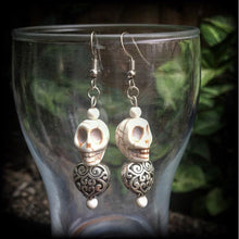 Load image into Gallery viewer, Skull earrings Voodoo earrings Loa jewelry Erzulie earrings Skull jewelry Los Muertos jewelry Heart earrings Tunnel earrings Plug dangles