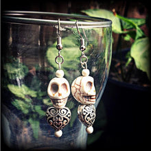 Load image into Gallery viewer, Skull earrings Voodoo earrings Loa jewelry Erzulie earrings Skull jewelry Los Muertos jewelry Heart earrings Tunnel earrings Plug dangles