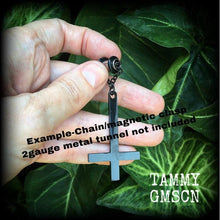 Load image into Gallery viewer, Single earring, Black inverted Cross earring, Satanic jewelry, Evil, Gothic, Esoteric, Occult jewelry, Tunnel earring, Plug dangle, CoS, TOS