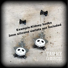 Load image into Gallery viewer, Halloween earrings Jack Skellington Earrings Nightmare Earrings Skeleton Earrings Jack and Sally Tim Burton earrings Pierced ears Gauges 8g