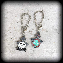 Load image into Gallery viewer, Jack and Sally Christmas earrings Jack Skellington Earrings Nightmare Earrings Skeleton Earrings Tim Burton earrings Pierced ears Gauges 8g