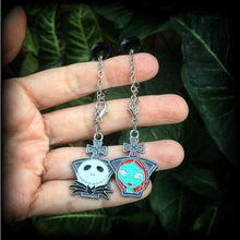 Load image into Gallery viewer, Jack and Sally Christmas earrings Jack Skellington Earrings Nightmare Earrings Skeleton Earrings Tim Burton earrings Pierced ears Gauges 8g