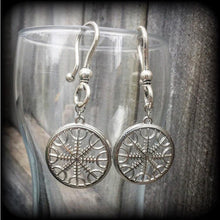 Load image into Gallery viewer, 6mm 2 gauge Nordic wheel earrings Vegvisir Viking Norse Compass ear hangers Asatru Rune Tunnel earrings Thor Pagan earrings Plug earrings
