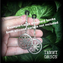 Load image into Gallery viewer, 6mm 2 gauge Nordic wheel earrings Vegvisir Viking Norse Compass ear hangers Asatru Rune Tunnel earrings Thor Pagan earrings Plug earrings