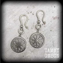 Load image into Gallery viewer, 6mm 2 gauge Nordic wheel earrings Vegvisir Viking Norse Compass ear hangers Asatru Rune Tunnel earrings Thor Pagan earrings Plug earrings