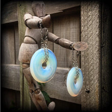 Load image into Gallery viewer, Opalite earrings Moonstone earrings Statement earrings Opalite jewelry Tunnel earrings Plug earrings Weights for stretching with Gauges 6g