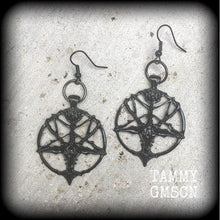 Load image into Gallery viewer, Baphomet earrings Occult earrings Church of Satan earrings Goat earrings Plug dangles Tunnel dangles Pug earrings Ear hangers 3mm gauges 4mm