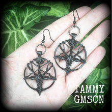 Load image into Gallery viewer, Baphomet earrings Occult earrings Church of Satan earrings Goat earrings Plug dangles Tunnel dangles Pug earrings Ear hangers 3mm gauges 4mm