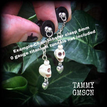 Load image into Gallery viewer, Skull earrings Voodoo earrings Loa jewelry Erzulie earrings Skull jewelry Los Muertos jewelry Heart earrings Tunnel earrings Plug dangles
