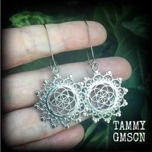 Load image into Gallery viewer, Flower of Life earrings Geometric earrings Seed of life Plug earrings Tunnel earrings Gauged earrings Hanging gauges 6 gauge 4 gauge 2 gauge