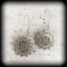 Load image into Gallery viewer, Flower of Life earrings Geometric earrings Seed of life Plug earrings Tunnel earrings Gauged earrings Hanging gauges 6 gauge 4 gauge 2 gauge