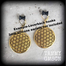 Load image into Gallery viewer, Flower of Life earrings Seed of life earrings Tunnel earrings Plug earrings Tunnel dangles Meditation Yoga Ohm Sacred Geometry jewelry