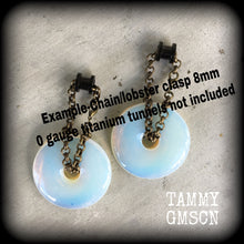Load image into Gallery viewer, 2 gauge gemstone weights 8mm ear weights Moonstone ear hangers 6mm plug dangles Opalite tunnel weights Hanging gauges Gauged earrings 00g 2g