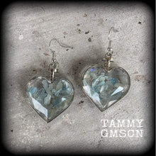 Load image into Gallery viewer, Heart earrings Aquamarine earrings Crystal Boho Gemstone earrings French hooks Pierced ears Kidney hooks Leverback hooks Blue gemstone 14g