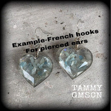 Load image into Gallery viewer, 6mm tunnel dangles 4 gauge tunnel earrings Magnetic clasp plug earrings Heart earrings Aquamarine earrings Crystal earrings Blue ear weights