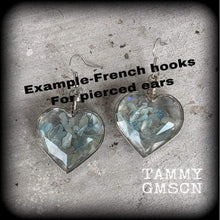 Load image into Gallery viewer, Heart ear weights 8 gauge aquamarine ear hangers 3mm tunnel earrings 2 gauge Gauged earrings 6mm tunnel dangles Hanging gauges Plug dangles