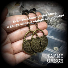 Load image into Gallery viewer, Padlock earrings Heart earrings Antique bronze earrings Tunnel dangles 2 gauge Steampunk jewelry Steampunk earrings 0 gauge plug earrings