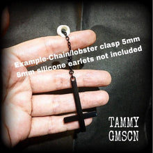 Load image into Gallery viewer, Single earring, Black inverted Cross earring, Satanic jewelry, Evil, Gothic, Esoteric, Occult jewelry, Tunnel earring, Plug dangle, CoS, TOS