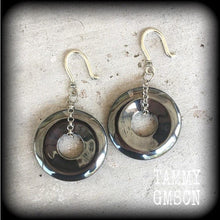 Load image into Gallery viewer, Hematite 8 gauge 3mm ear eeights Gemstone ear hangers Tunnel dangles Hanging gauges Plug earrings Gauged earrings Gauges 00g 0g 8g 6g 4g 2g