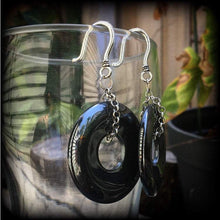Load image into Gallery viewer, Hematite 8 gauge 3mm ear eeights Gemstone ear hangers Tunnel dangles Hanging gauges Plug earrings Gauged earrings Gauges 00g 0g 8g 6g 4g 2g