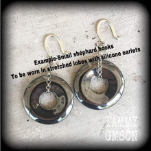 Load image into Gallery viewer, Hematite 8 gauge 3mm ear eeights Gemstone ear hangers Tunnel dangles Hanging gauges Plug earrings Gauged earrings Gauges 00g 0g 8g 6g 4g 2g