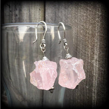 Load image into Gallery viewer, Rose quartz tunnel earrings 3mm plug dangles Crystal earrings Pink gemstone earrings 8 gauge ear hangers 6 guage ear weights Gauged earrings