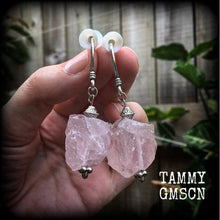 Load image into Gallery viewer, Rose quartz tunnel earrings 3mm plug dangles Crystal earrings Pink gemstone earrings 8 gauge ear hangers 6 guage ear weights Gauged earrings