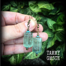 Load image into Gallery viewer, Flourite earrings Gemstone Crystal Stone Dagon Boho Verdigris Patina Bronze Tunnel earrings Tunnel dangles Plug earrings Gauged earrings