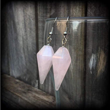 Load image into Gallery viewer, Rose Quartz earrings Gemstone earrings Pendulum earrings Dangle earrings Boho earrings Crystal earrings Tunnel earrings Plug earrings Gauges