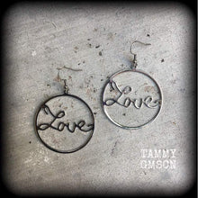 Load image into Gallery viewer, Love earrings Hoop earrings Big earrings Statement earrings Tunnel dangles Plug dangles Ear hangers Gauged earrings Word earrings Gauges 8g