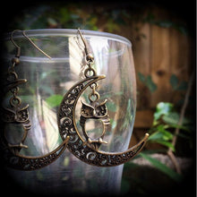 Load image into Gallery viewer, Crescent moon earrings Owl earrings Wicca Witchy Moon earrings Pierced Ears Tunnel earrings Plug earrings Dangle earrings Tunnel dangles