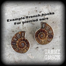 Load image into Gallery viewer, 00 gauge 0 gauge 2 gauge ear weights Ammonite 6mm ear hangers Fossil ear weights Plug earrings Gauged earrings Plug dangles Hanging gauges