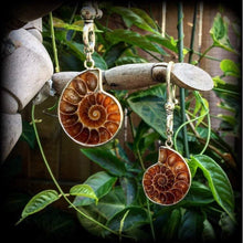 Load image into Gallery viewer, Ammonite earrings Fossil earrings Nautilus earrings Tunnel earrings Plug earrings Fibonacci earrings Sacred Geometry For pierced ears Gauges
