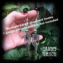 Load image into Gallery viewer, Mermaid earrings Merman earrings Skeleton earrings Halloween earrings Ear hangers Dangle earrings Samhain earrings Tunnel dangles 3mm gauges