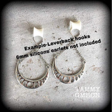 Load image into Gallery viewer, Moon phases Moon earrings Waxing moon earrings Pagan jewelry New moon Waxing moon Tunnel dangles Gauged earrings Plug earrings 8 gauge 6g 4g